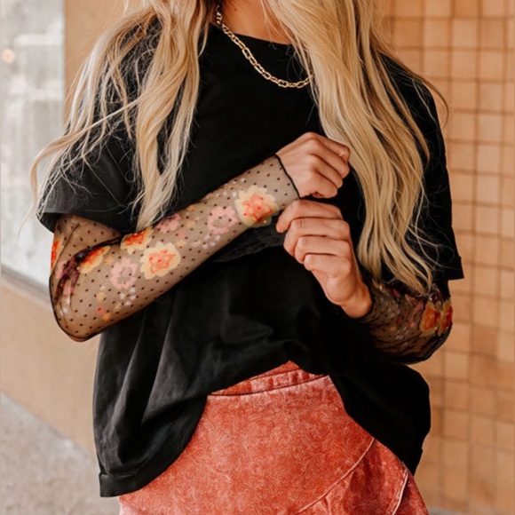 Halo & Harley Tops - Floral Mesh Sleeve Black Top